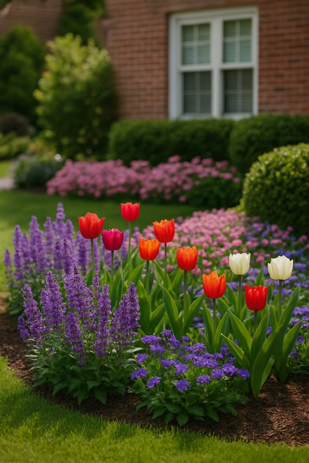 Colorful flower bed featuring red, orange, and white tulips with purple and pink blooms in front of a brick home with green shrubs